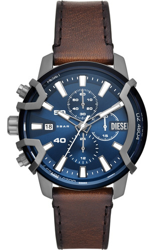 Reloj Diesel Classic Dz4604 Griffed Mini Correa Café Bisel Azul Fondo Azul