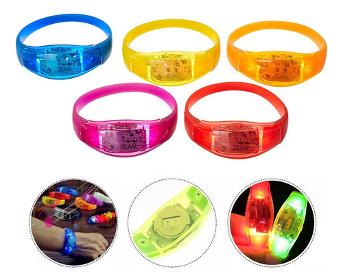 5 Pulseras Fluorescentes Led, Control De Sonido Fiesta Fluor