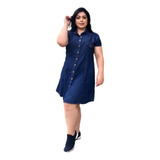 Vestido Chemise Jeans Feminino Plus Size Manga Curta Botão