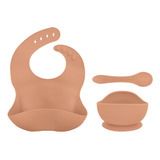 Kit Bebe Linium 3en1 Babero Cubiertos Plato Silicon Suave Color Coral