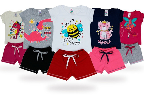 Kit 10 Peças Roupa Infantil Femininas 5 Blusas + 5 Shorts