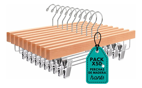 Pack X 50 Percha Plana De Madera Ganchos Para Pantalon 35 Cm