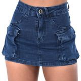 Shorts Saia Cargo Jeans Cintura Alta Moda Blogueira