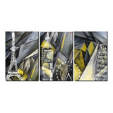 Cuadro Decorativo Triptico Maravillas Gris Amarillo