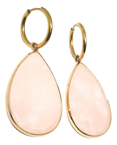 Aros Piedra Cuarzo Rosa Argollas Grandes Baño Oro 18k