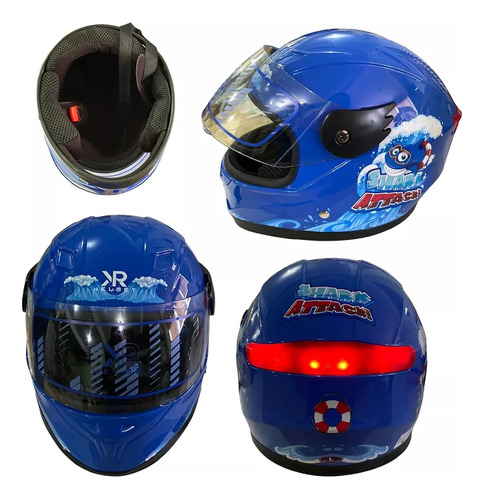 Casco Infantil Azul Cerrado Con Luz Shark Attack Brillante