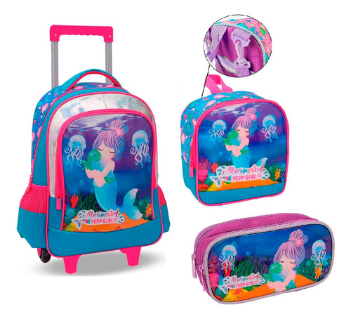 Kit Mochila Infantil Sereia Mermaid Oceano Infantil Rodinha