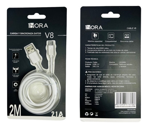 Lote 10 Pzs Cable V8 Micro Usb  1hora Cab178 2 Mts Mayoreo