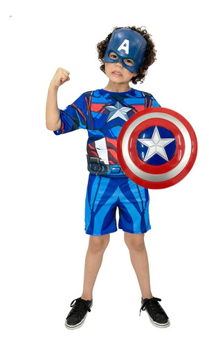 Fantasia Capitão America Com Escudo E Mascara Infantil Heroi