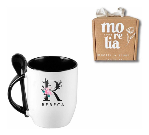 Taza Personalizada De Cerámica + Cuchara  Inicial/nombre