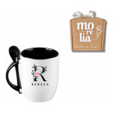 Taza Personalizada De Cerámica + Cuchara  Inicial/nombre