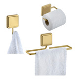 Kit Toalheiro Gancho Porta Papel Higiênico Adesivo Dourado