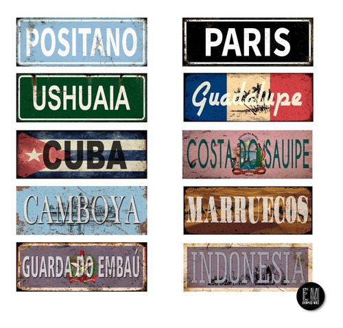 Chapa Rústica Países Ciudades A Elección Decoración  10x30cm