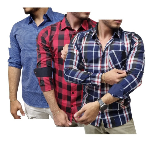 Kit 3 Camisa Social Masculina Manga Longa Xadrez - Sortidas 