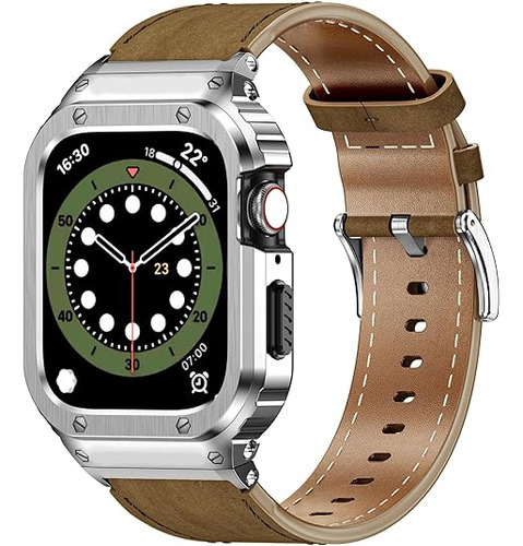 Malla Y Funda Cuero Marron/plat. P/apple Watch 44/42mm 6/5/4