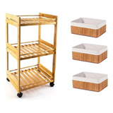 Mesa Ruedas Estanteria Carrito Bamboo 3 Cestos Organizador