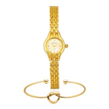 Relógio Dourado Feminino De Pulso Quartz Mini + Bracelete