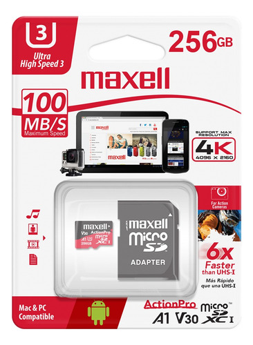 Micro Sd Xc Maxell Action Pro C10 256gb 100mb/s + Adaptador