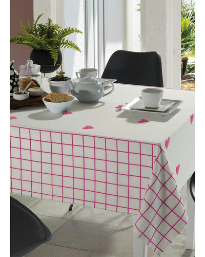 Toalha De Mesa Coração E Xadrez Rosa 140x210 Cm 6 Lugares Cor Branco E Rosa