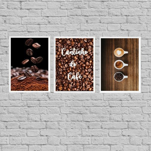 Kit 3 Quadros Cantinho Do Café Grãos 33x24cm Branca