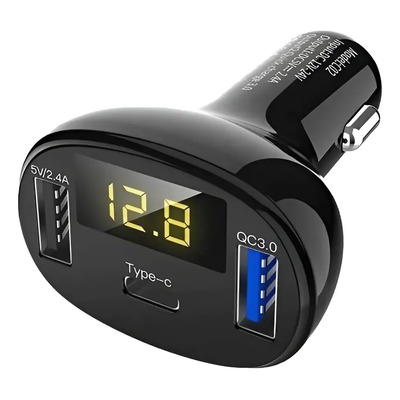 Coche 2usb Encendedor Tipo C Qc 3.0 Cargador Pantalla Led
