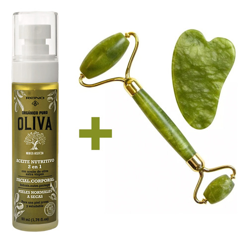 Kit Rodillo Jade Con Piedra Gua Sha Y Aceite Facial Oliva