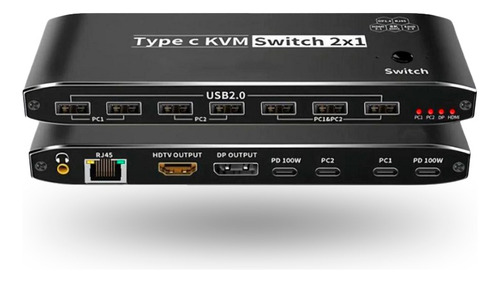  Hub Kvm Switch Usb-c 2 Notebooks P/ 1tela, 7x Usb, Rj45, Pd