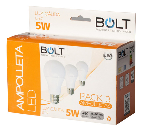 Pack 3 Ampolletas Led Bolt 5w 3000k Bulbo