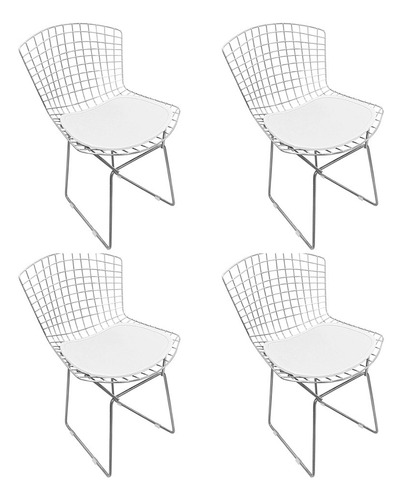Kit 4 Cadeiras Bertoia Aço Cromado Assento Branco Specialle