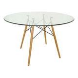 Mesa Redonda Jantar Eames Tampo Vidro Base Madeira 100cm