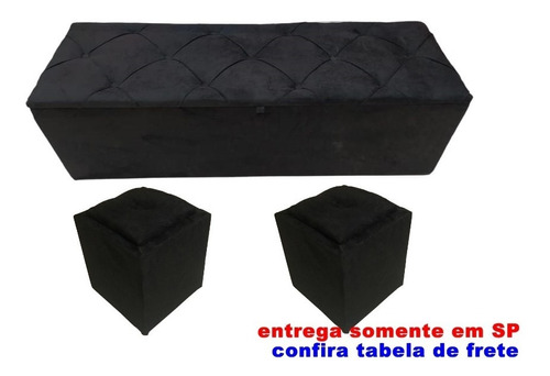 Kit 2 Puff + Bau Recamier Beira De Cama Box Casal 1,40m 