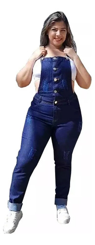 Jardineira Longa Macacão Jeans Plus Size Calça Com Lycra