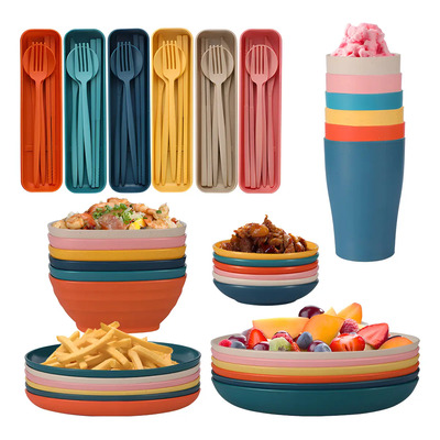 Juego de Vajilla de 60 Piezas,Cubiertos de paja de trigo, Juego para 4cubiertos portátiles reutilizables, Tenedor,Cuchara, Plato, Palillos,Tazas,sin BPA, Apto para microondas y lavavajillas | Meses sin interés
