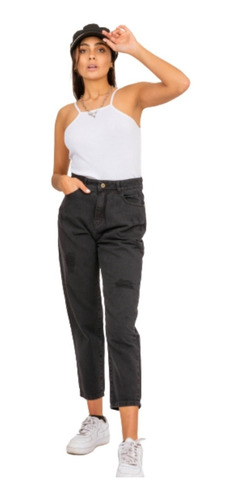 Jean Mom Fit Negro Con Roturas