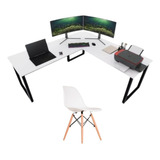 Mesa L Home Office C/ Cadeira Eames Estilo Industrial