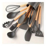 Utensilios De Cocina De Silicona Con Mango De Madera,12pieza Color Gris Oscuro