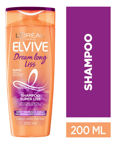 Shampoo L'oréal Paris Elvive Dream Long Liss Anti Frizz En Tubo Depresible De 200ml Por 1 Unidad