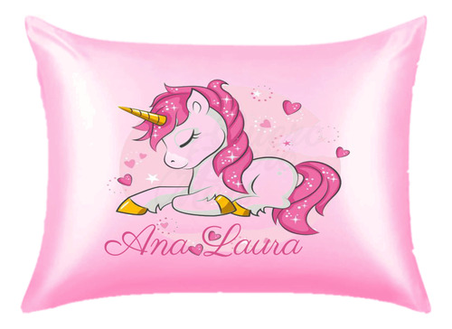 Fronha Cetim Rosa Personalizada Unicornio Cute Com Nome Uc2