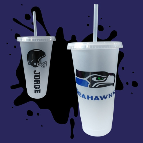 Vaso Personalizado- Seattle Seahawks - C/ Tapa Y Popote