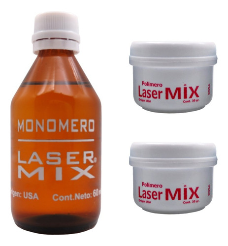 Kit Acrilico Laser Mix Monomero X 60 Ml + 2 Polimeros X 30 Gr Para Uñas Esculpidas