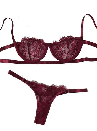 Conjunto De Lencería Sexy Encaje Floral Vino Bra Con Aro 