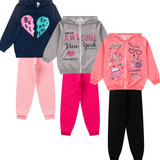 Kit 3 Conjuntos Moletons Femininos Infantil Flanelado Zíper