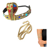 Kit 2un Tiara Bracelete Cleópatra Rainha Egípcia Cobra Festa Cor Dourado