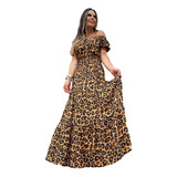 Vestido Ciganinha Longo Com Babados Animal Print