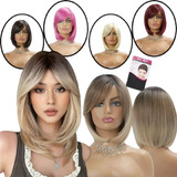 Peruca Orgânica Curta Long Bob Varias Cores Colocação Fácil Uso Diário  + Touca Wig Cap 