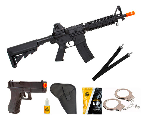 Fuzil Policial M16 M4 Airsoft + Pistola Glock + Kit Policia