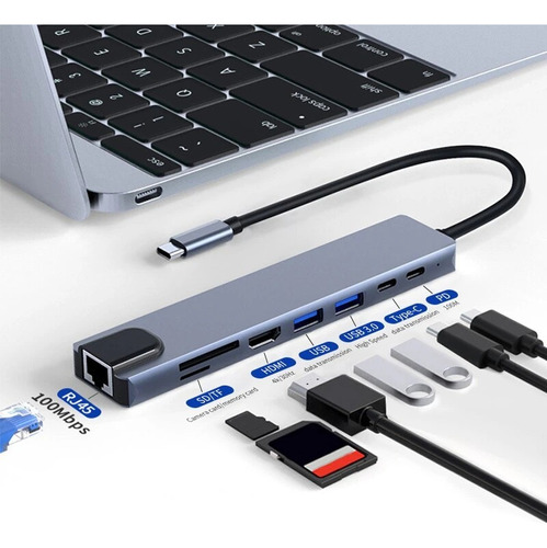 Adaptador Hub Usb Tipo C  8 En 1  A : Rj45 ,hdmi, Mac, 2 Usb