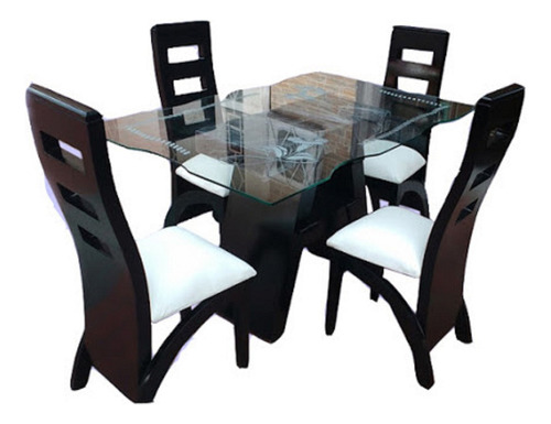 Comedor De 4 Puestos En Madera Y Mesa De Vidrio