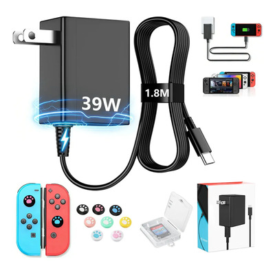39W Cargador Rápido para Nintendo Switch\u002Flite AC Adaptador Dual Voltaje 15V\u002F2.6A con Cable Tipo C 1.8 Metros para Switch Modo Portátil\u002FDock\u002FTV+8 Tapas para Joystick+ Caja para Tarjetas de Juego | MercadoLibre