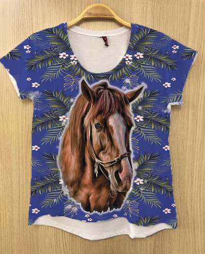 Camiseta Feminina Cavalo Rosto Palmeiras Estampa Country